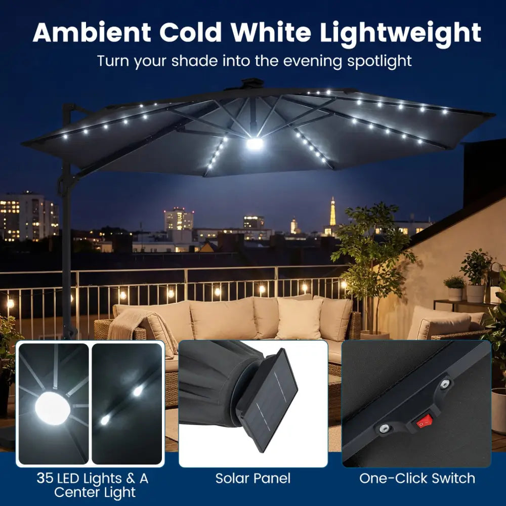 10 FT Cantilever Patio Umbrella with Solar LED Lights 360° Rotation-Gray - Gray - Outdoor Umbrellas