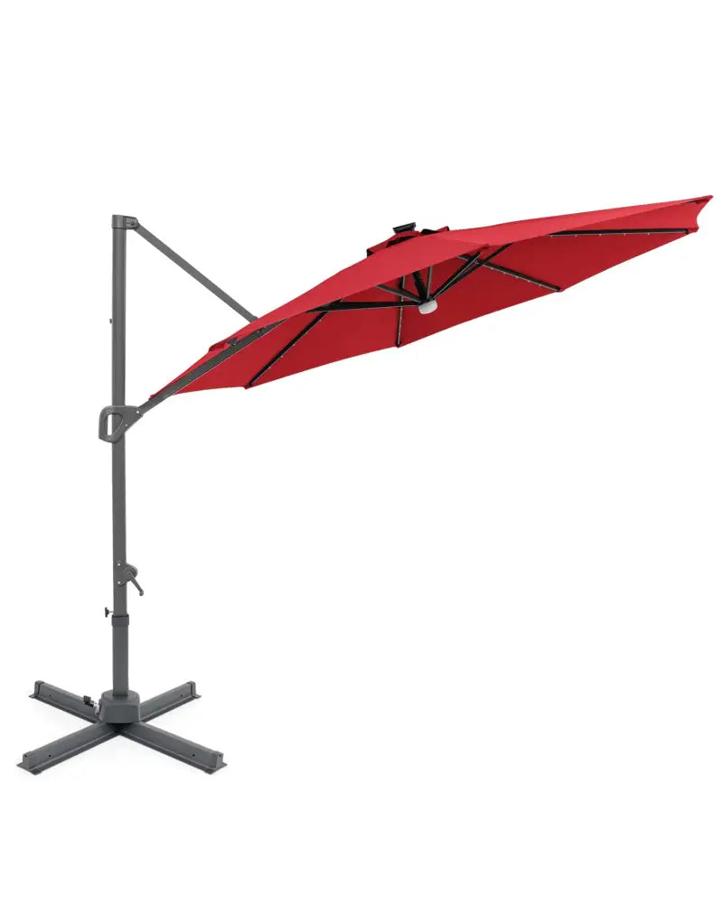 10 FT Cantilever Patio Umbrella with Solar LED Lights 360° Rotation-Wine - Wine - Outdoor Umbrellas