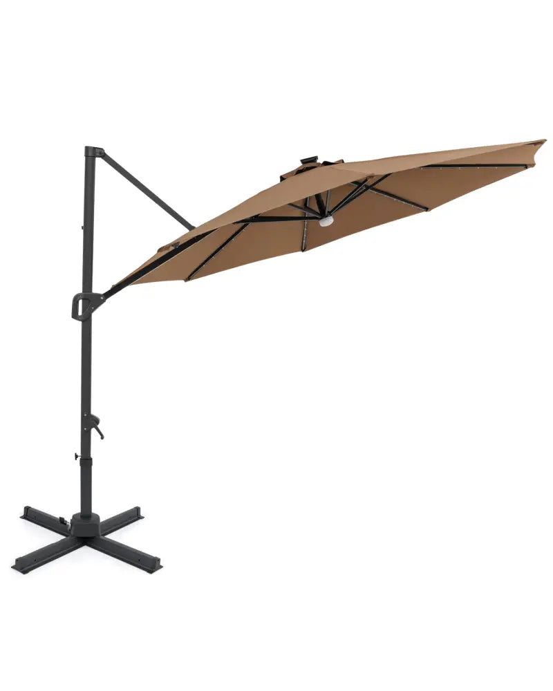 10 FT Cantilever Patio Umbrella with Solar LED Lights 360° Rotation-Brown - Brown - Outdoor Umbrellas