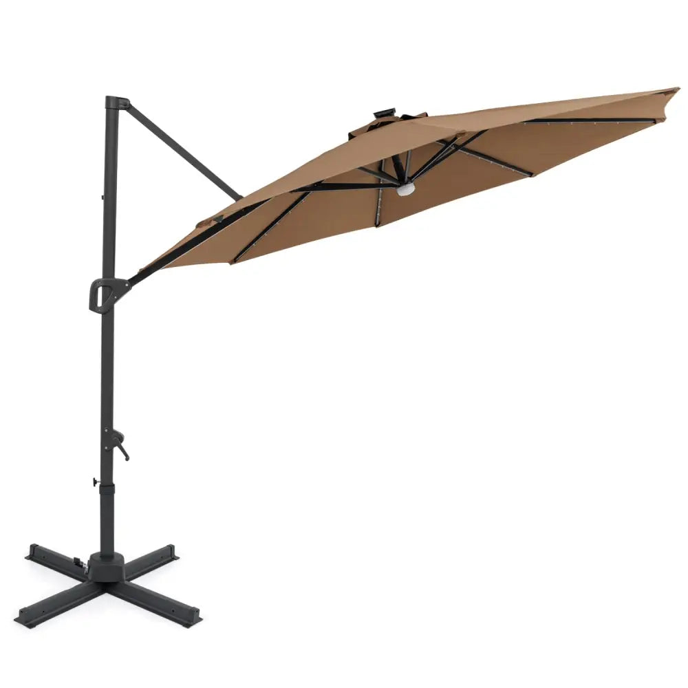 10 FT Cantilever Patio Umbrella with Solar LED Lights 360° Rotation-Brown - Brown - Outdoor Umbrellas