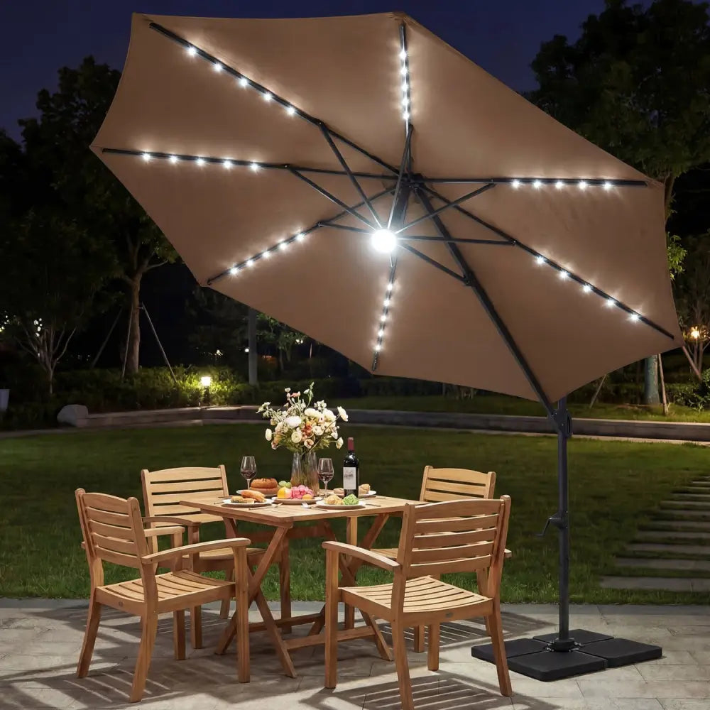 10 FT Cantilever Patio Umbrella with Solar LED Lights 360° Rotation-Brown - Brown - Outdoor Umbrellas