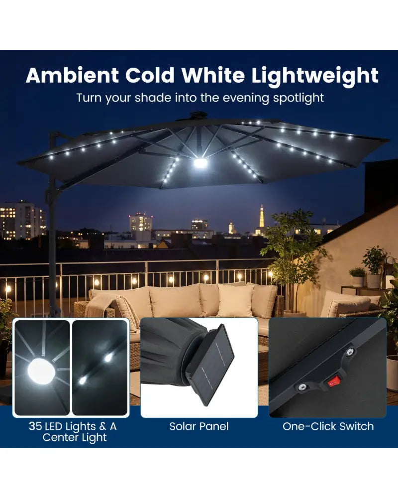 10 FT Cantilever Patio Umbrella with Solar LED Lights 360° Rotation-Gray - Gray - Outdoor Umbrellas