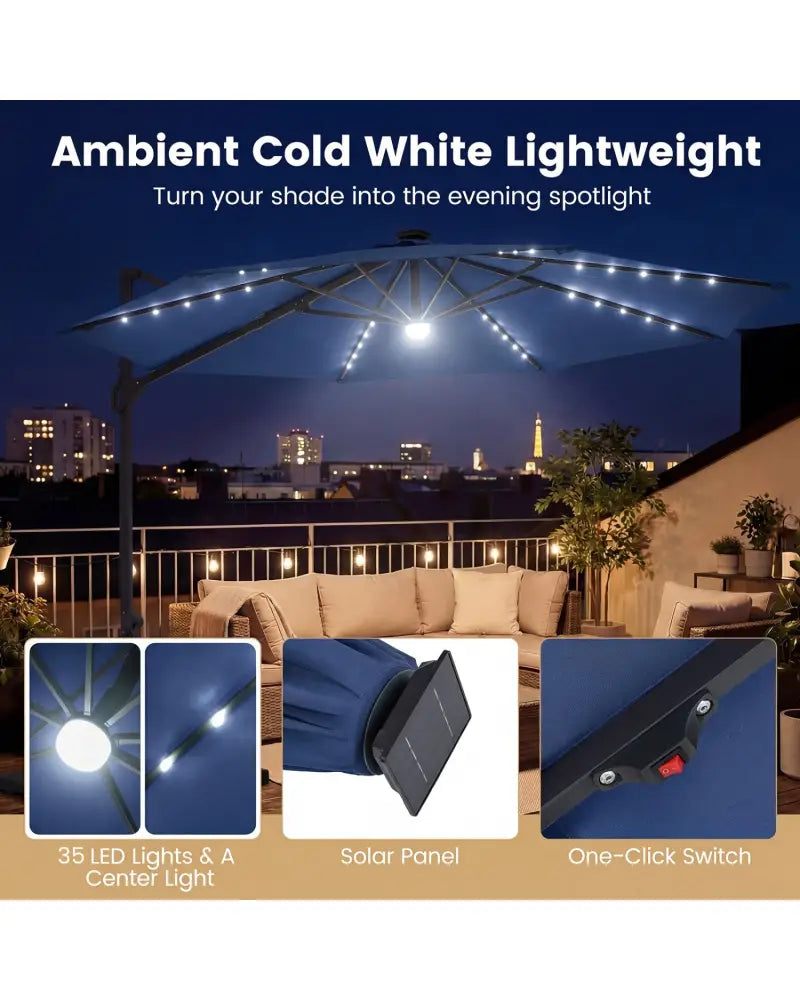 10 FT Cantilever Patio Umbrella with Solar LED Lights 360° Rotation-Navy - Navy - Outdoor Umbrellas