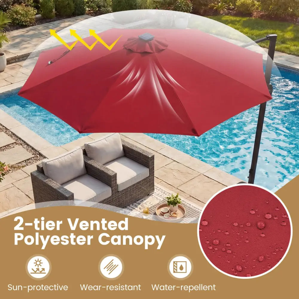 10 FT Cantilever Patio Umbrella with Solar LED Lights 360° Rotation-Wine - Wine - Outdoor Umbrellas
