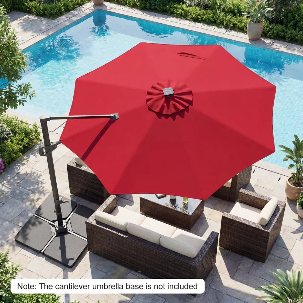 10 FT Cantilever Patio Umbrella with Solar LED Lights 360° Rotation-Wine - Wine - Outdoor Umbrellas