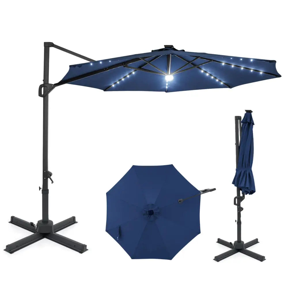 10 FT Cantilever Patio Umbrella with Solar LED Lights 360° Rotation-Navy - Navy - Outdoor Umbrellas