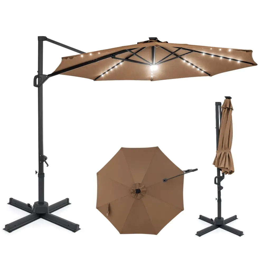 10 FT Cantilever Patio Umbrella with Solar LED Lights 360° Rotation-Brown - Brown - Outdoor Umbrellas