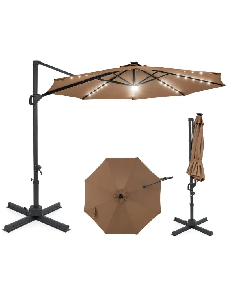 10 FT Cantilever Patio Umbrella with Solar LED Lights 360° Rotation-Brown - Brown - Outdoor Umbrellas
