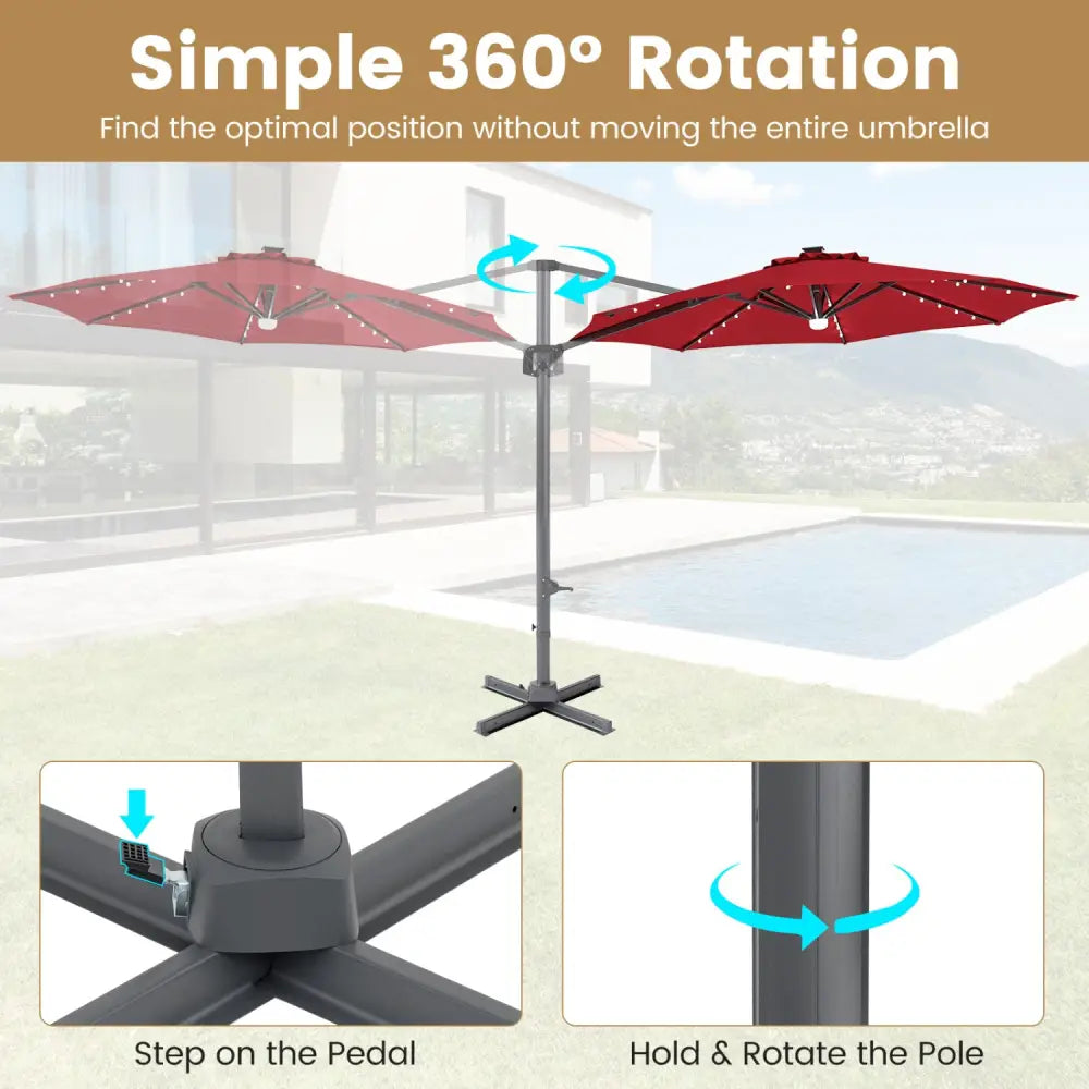 10 FT Cantilever Patio Umbrella with Solar LED Lights 360° Rotation-Wine - Wine - Outdoor Umbrellas