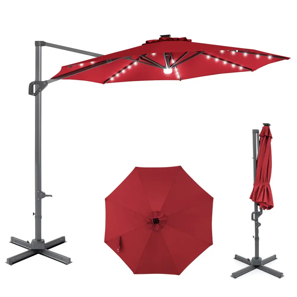 10 FT Cantilever Patio Umbrella with Solar LED Lights 360° Rotation-Wine - Wine - Outdoor Umbrellas