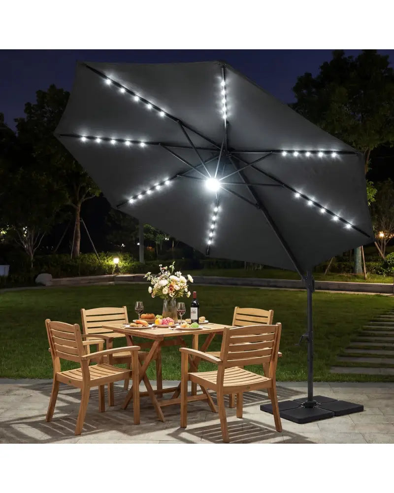 10 FT Cantilever Patio Umbrella with Solar LED Lights 360° Rotation-Gray - Gray - Outdoor Umbrellas