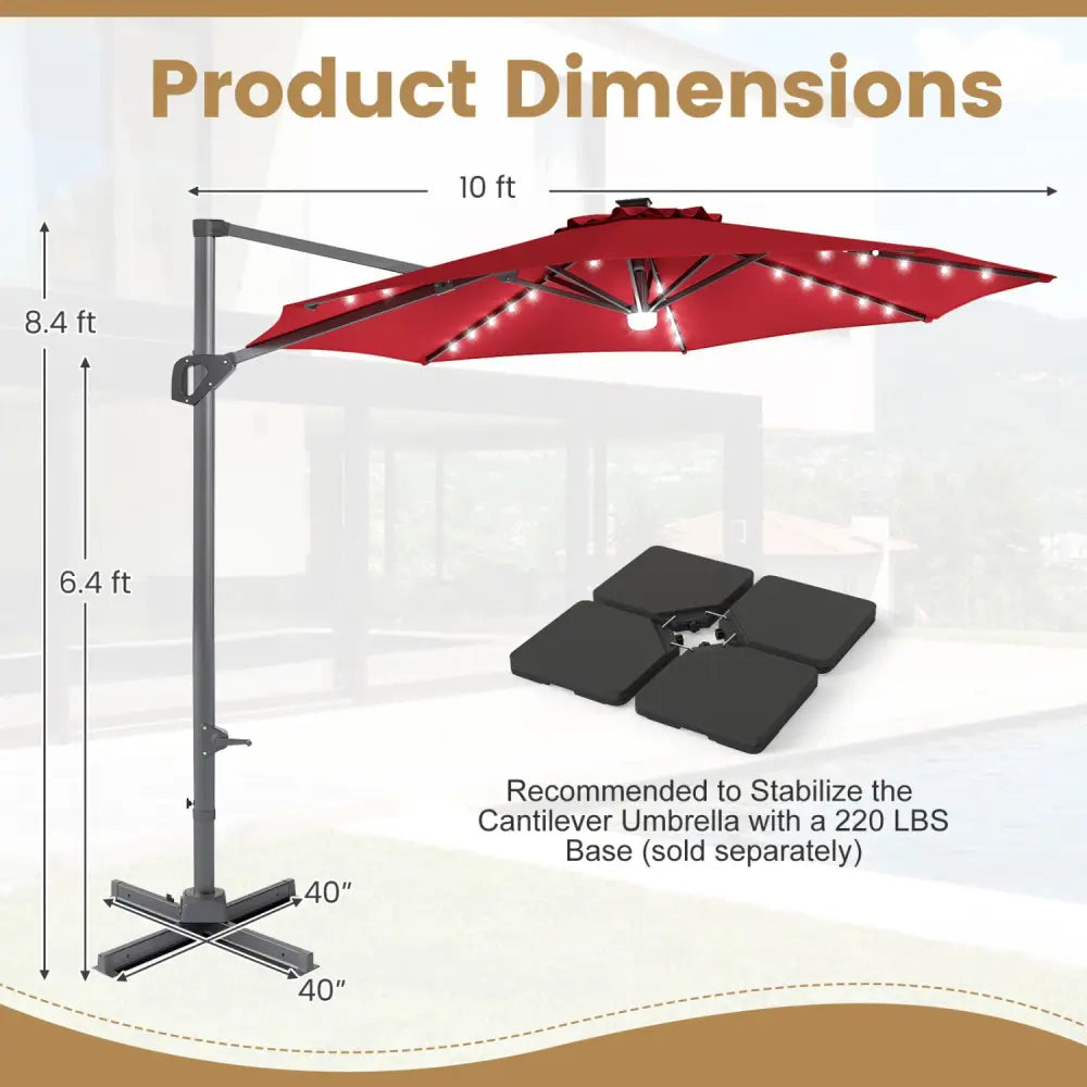 10 FT Cantilever Patio Umbrella with Solar LED Lights 360° Rotation-Wine - Wine - Outdoor Umbrellas