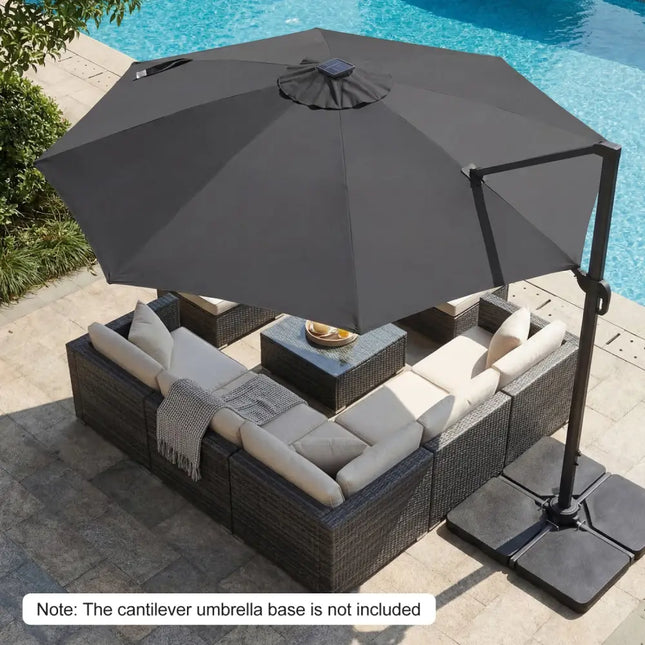 10 FT Cantilever Patio Umbrella with Solar LED Lights 360° Rotation-Gray - Gray - Outdoor Umbrellas