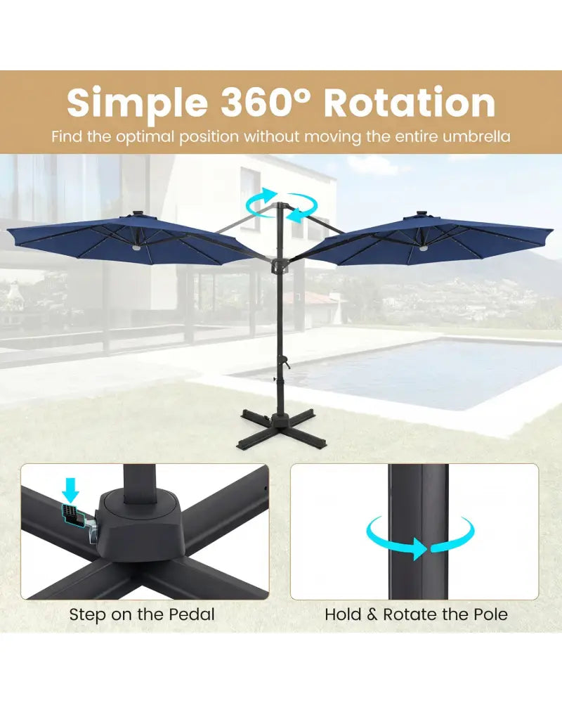 10 FT Cantilever Patio Umbrella with Solar LED Lights 360° Rotation-Navy - Navy - Outdoor Umbrellas