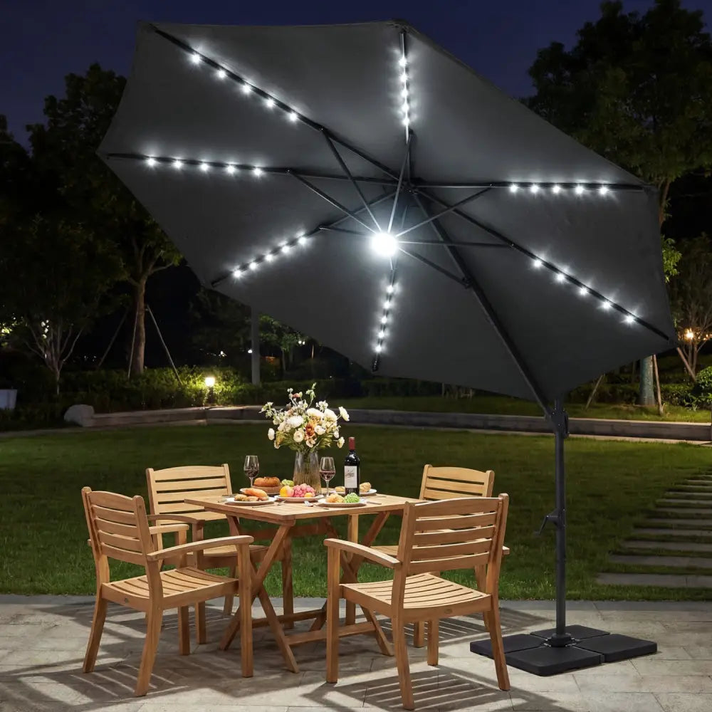10 FT Cantilever Patio Umbrella with Solar LED Lights 360° Rotation-Gray - Gray - Outdoor Umbrellas