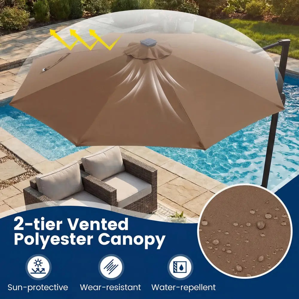 10 FT Cantilever Patio Umbrella with Solar LED Lights 360° Rotation-Brown - Brown - Outdoor Umbrellas