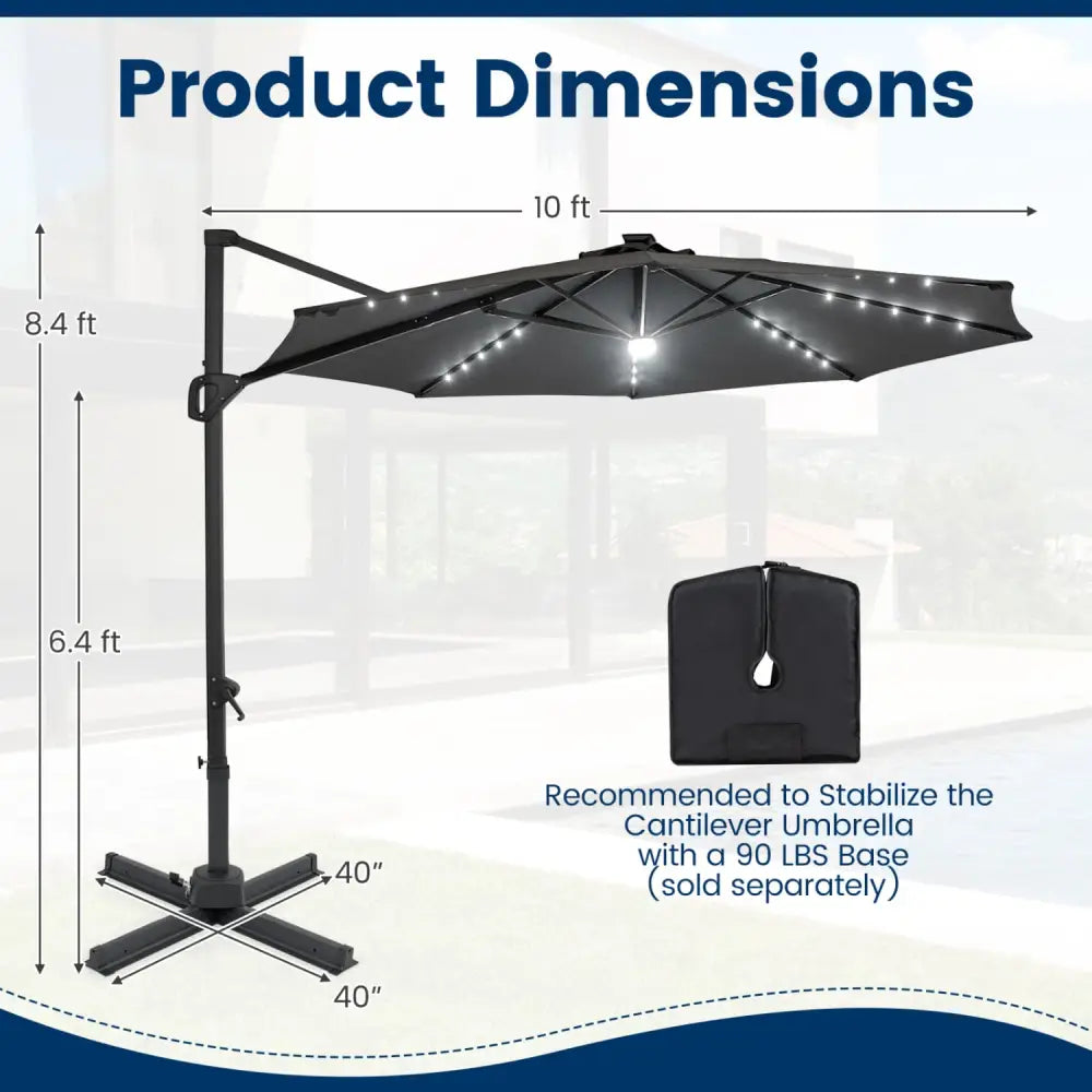 10 FT Cantilever Patio Umbrella with Solar LED Lights 360° Rotation-Gray - Gray - Outdoor Umbrellas