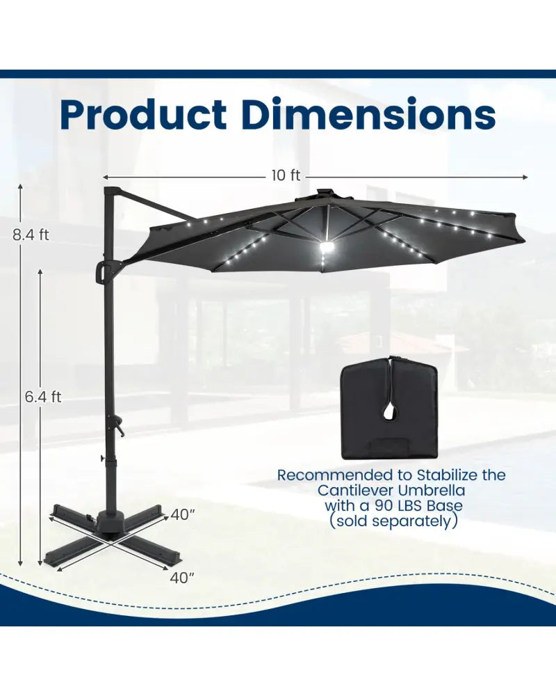10 FT Cantilever Patio Umbrella with Solar LED Lights 360° Rotation-Gray - Gray - Outdoor Umbrellas