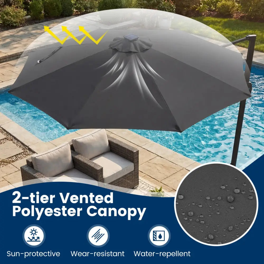 10 FT Cantilever Patio Umbrella with Solar LED Lights 360° Rotation-Gray - Gray - Outdoor Umbrellas