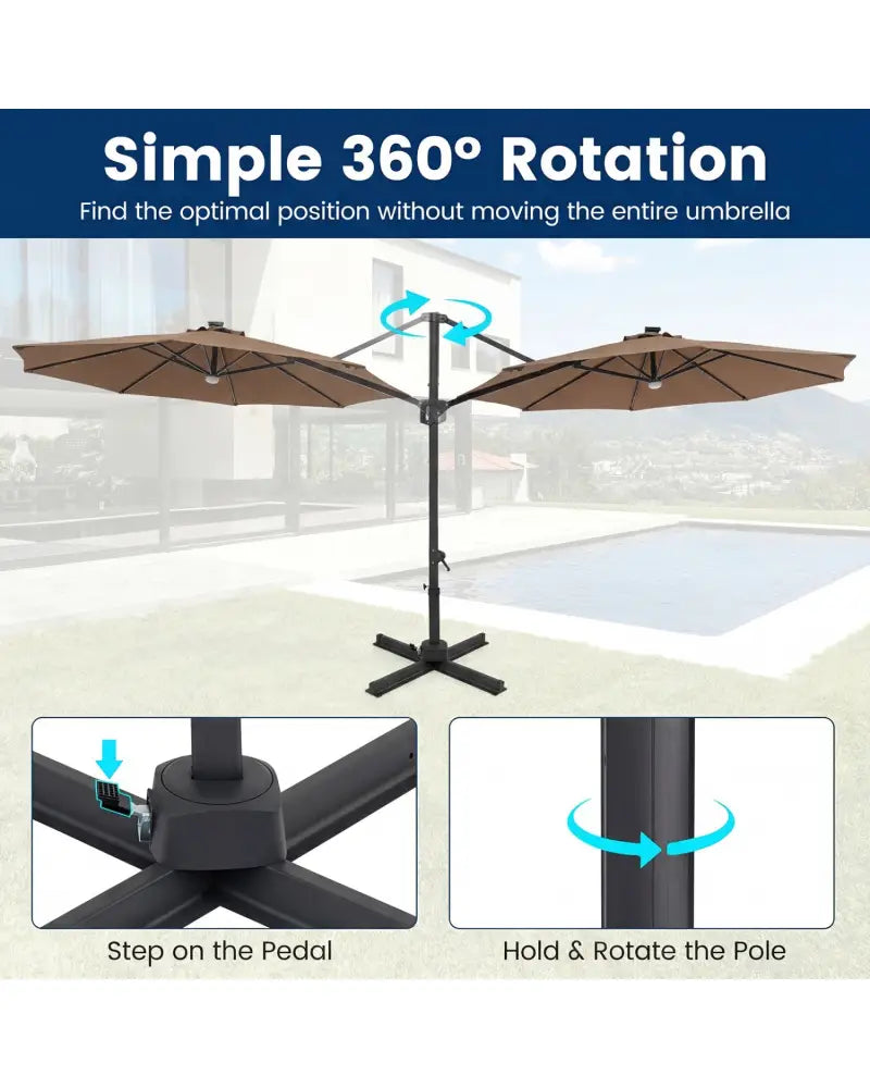 10 FT Cantilever Patio Umbrella with Solar LED Lights 360° Rotation-Brown - Brown - Outdoor Umbrellas