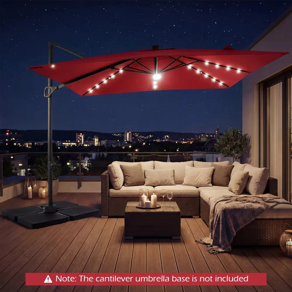 10 FT Cantilever Patio Umbrella with Solar LED Lights for Pool and Garden-Red - Red - Outdoor Umbrellas
