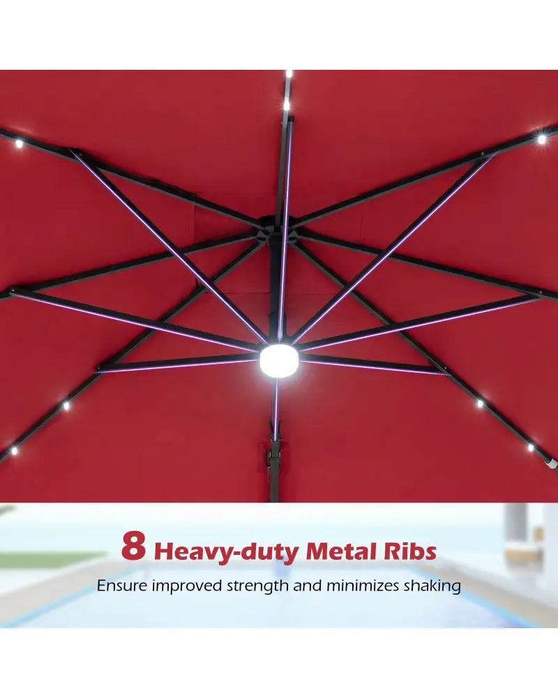 10 FT Cantilever Patio Umbrella with Solar LED Lights for Pool and Garden-Red - Red - Outdoor Umbrellas