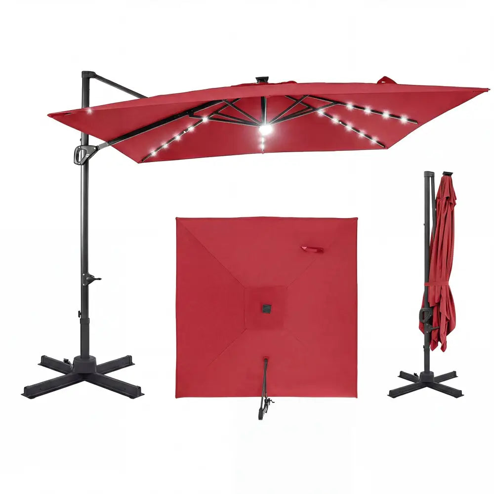 10 FT Cantilever Patio Umbrella with Solar LED Lights for Pool and Garden-Red - Red - Outdoor Umbrellas