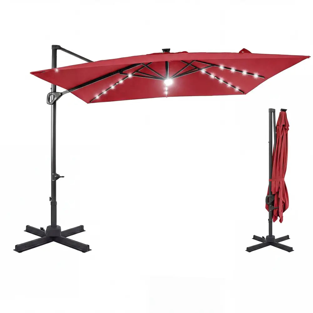 10 FT Cantilever Patio Umbrella with Solar LED Lights for Pool and Garden-Red - Red - Outdoor Umbrellas