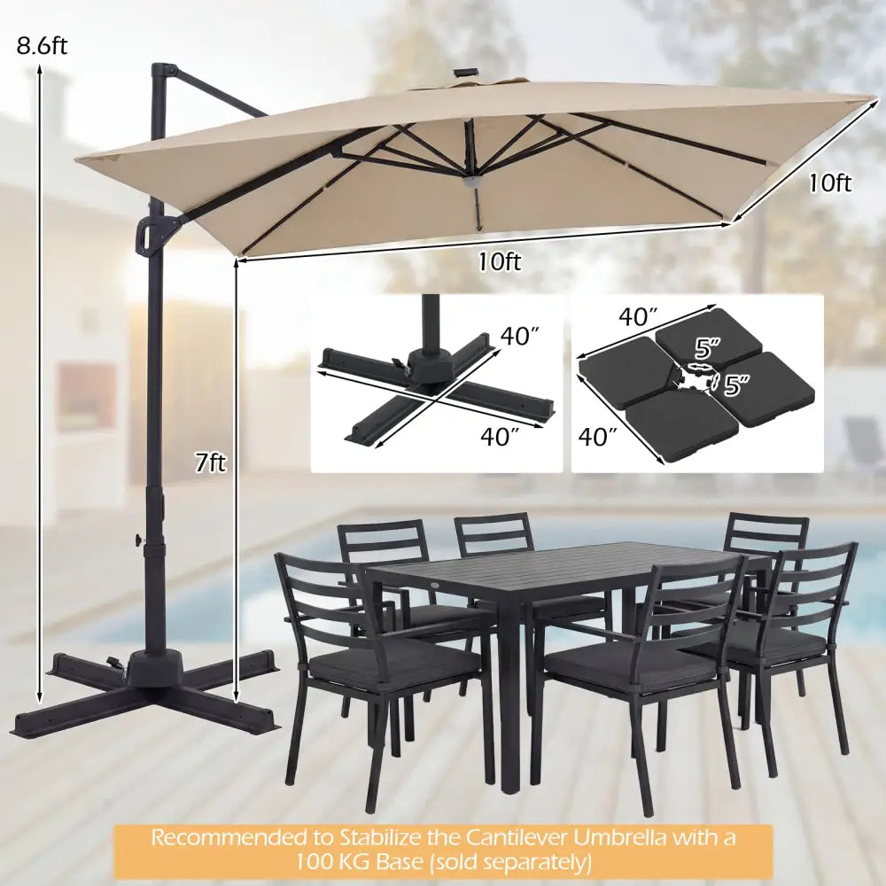 10 FT Cantilever Patio Umbrella with Solar LED Lights for Pool and Garden-Beige - Beige - Outdoor Umbrellas