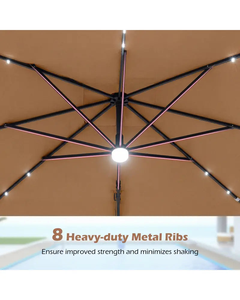 10 FT Cantilever Patio Umbrella with Solar LED Lights for Pool and Garden-Brown - Brown - Outdoor Umbrellas