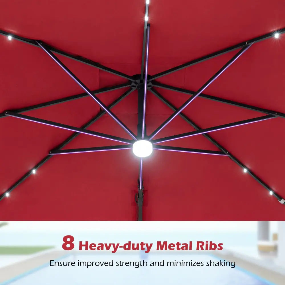 10 FT Cantilever Patio Umbrella with Solar LED Lights for Pool and Garden-Red - Red - Outdoor Umbrellas