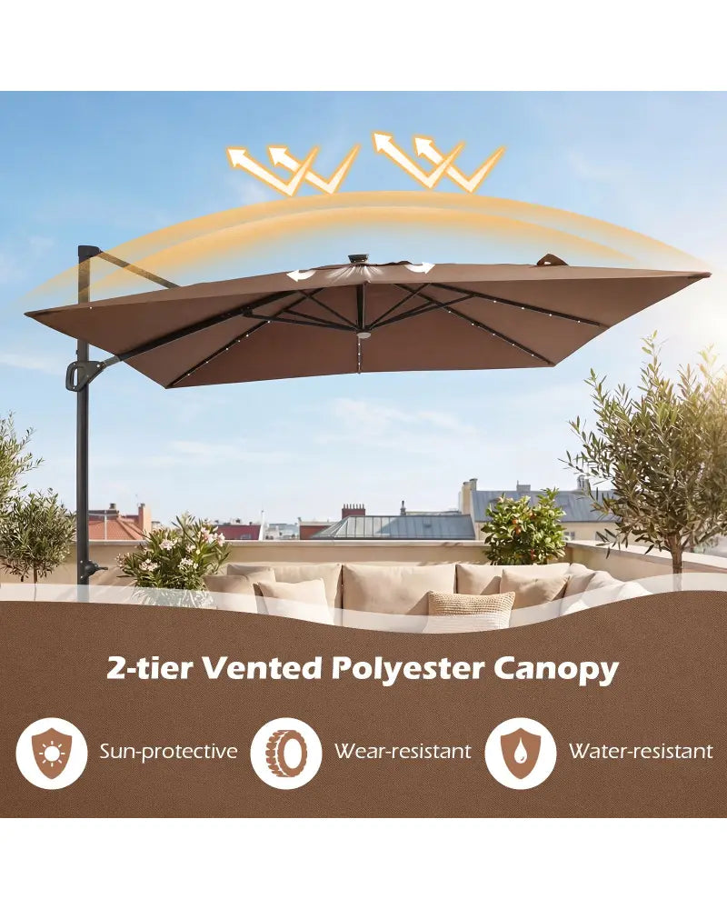 10 FT Cantilever Patio Umbrella with Solar LED Lights for Pool and Garden-Brown - Brown - Outdoor Umbrellas