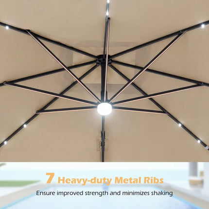 10 FT Cantilever Patio Umbrella with Solar LED Lights for Pool and Garden-Beige - Beige - Outdoor Umbrellas