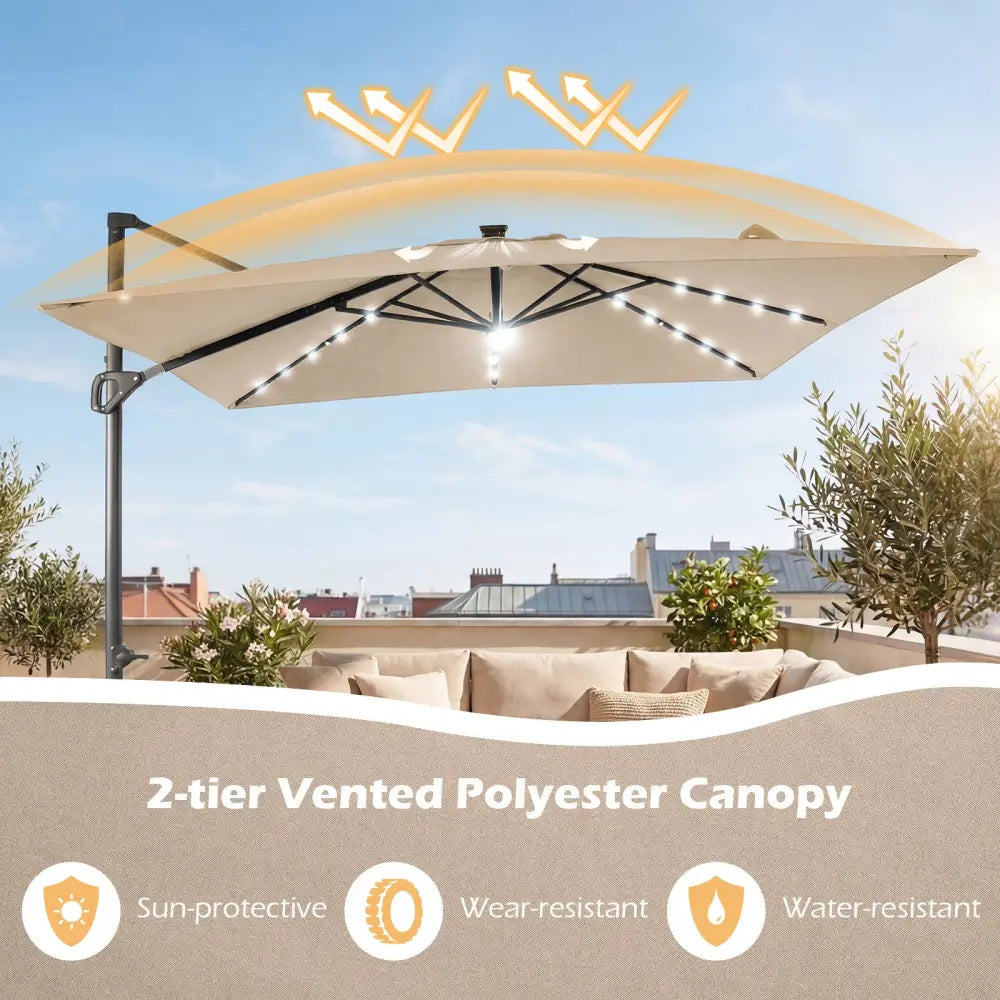 10 FT Cantilever Patio Umbrella with Solar LED Lights for Pool and Garden-Beige - Beige - Outdoor Umbrellas