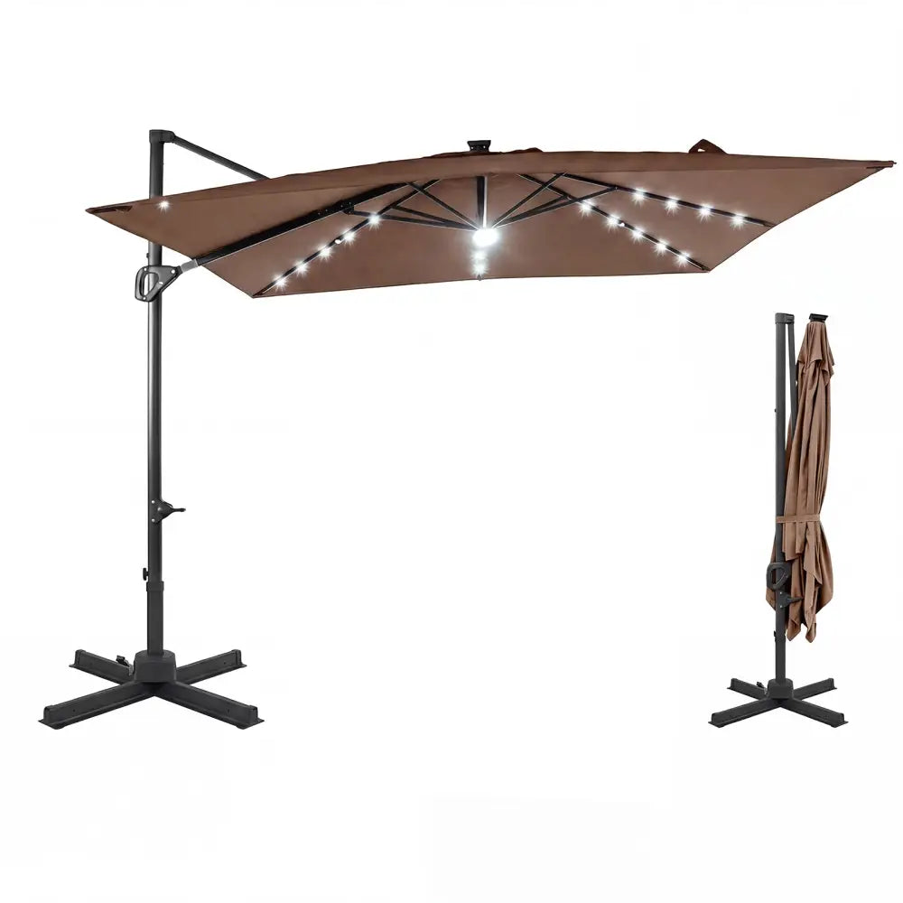 10 FT Cantilever Patio Umbrella with Solar LED Lights for Pool and Garden-Brown - Brown - Outdoor Umbrellas