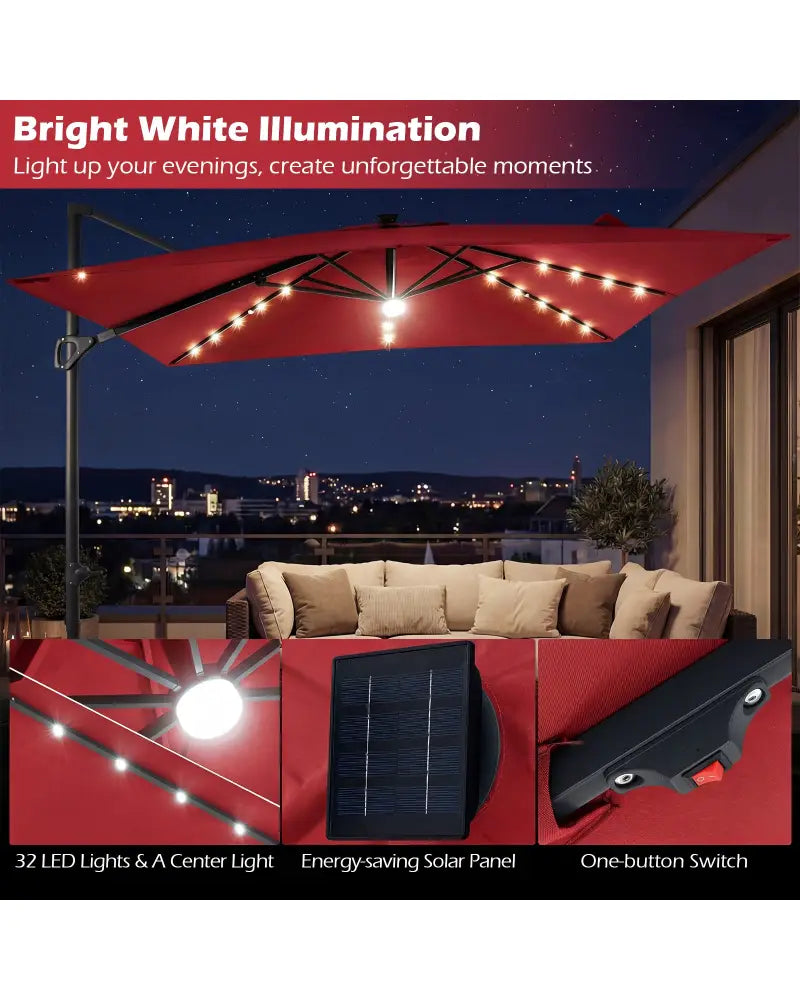 10 FT Cantilever Patio Umbrella with Solar LED Lights for Pool and Garden-Red - Red - Outdoor Umbrellas
