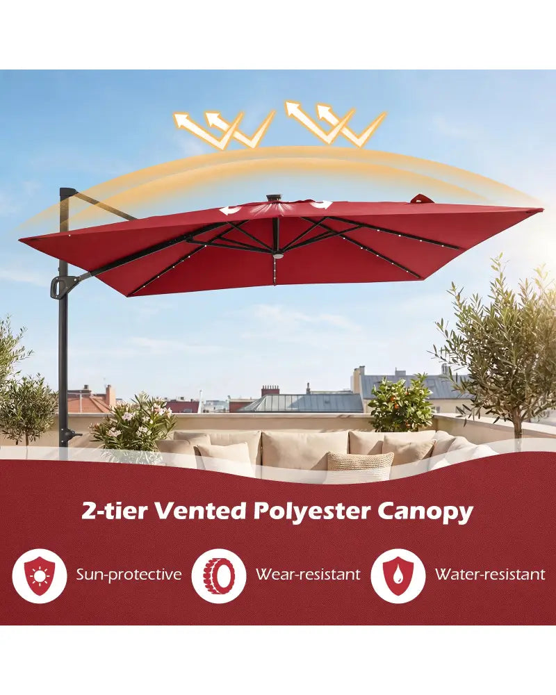 10 FT Cantilever Patio Umbrella with Solar LED Lights for Pool and Garden-Red - Red - Outdoor Umbrellas