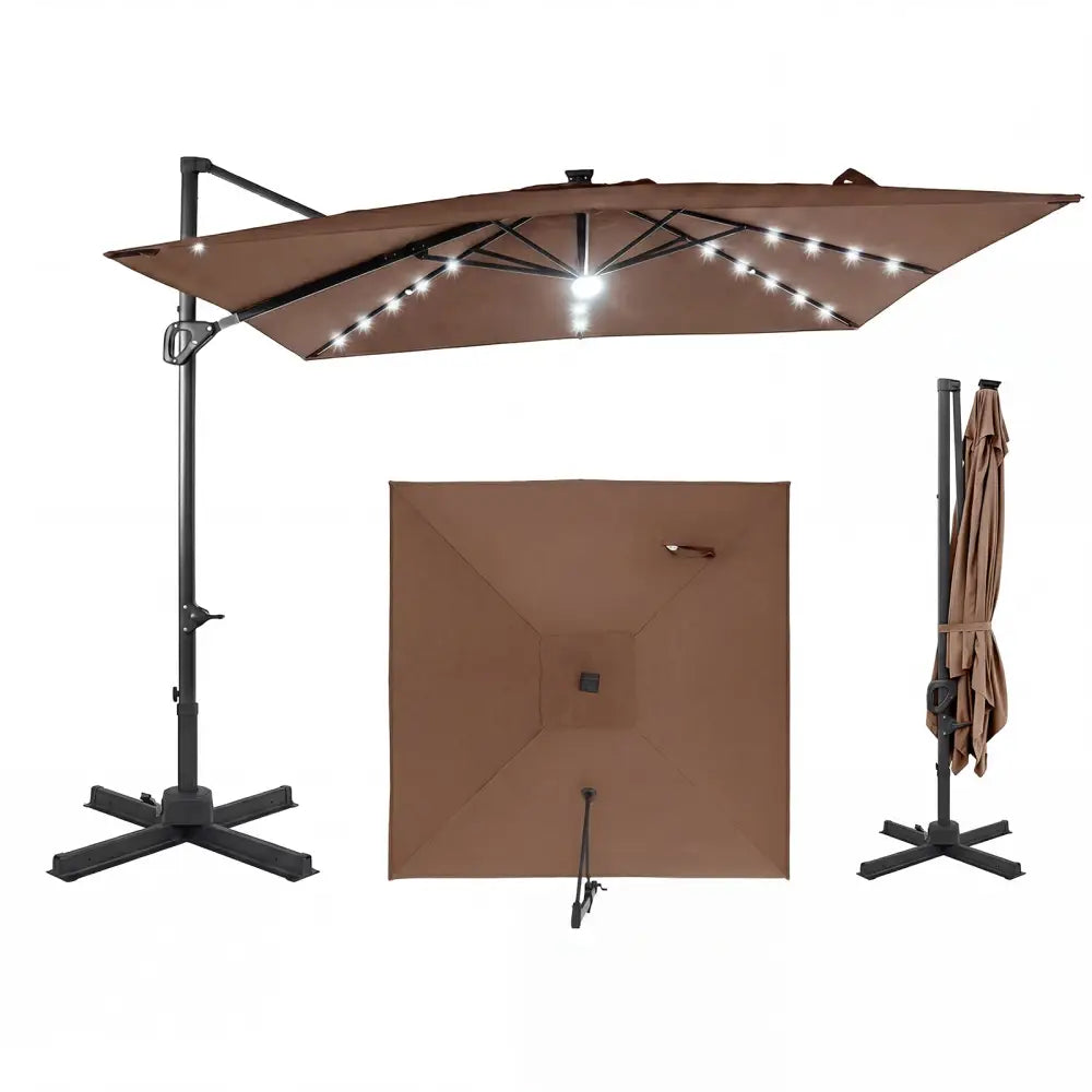 10 FT Cantilever Patio Umbrella with Solar LED Lights for Pool and Garden-Brown - Brown - Outdoor Umbrellas