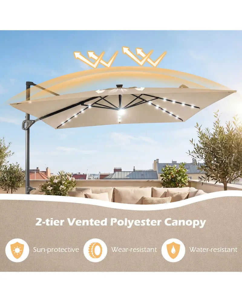 10 FT Cantilever Patio Umbrella with Solar LED Lights for Pool and Garden-Beige - Beige - Outdoor Umbrellas