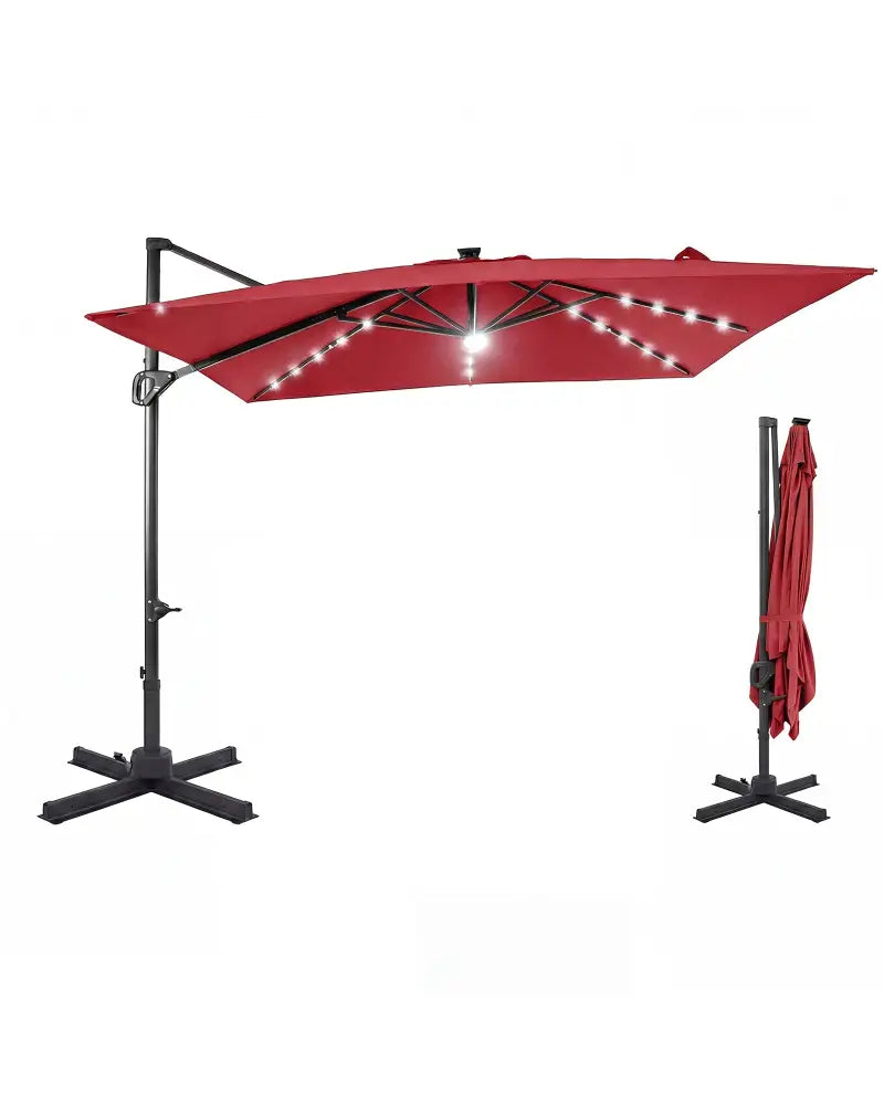 10 FT Cantilever Patio Umbrella with Solar LED Lights for Pool and Garden-Red - Red - Outdoor Umbrellas