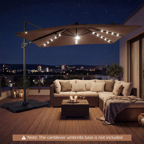 10 FT Cantilever Patio Umbrella with Solar LED Lights for Pool and Garden-Brown - Brown - Outdoor Umbrellas