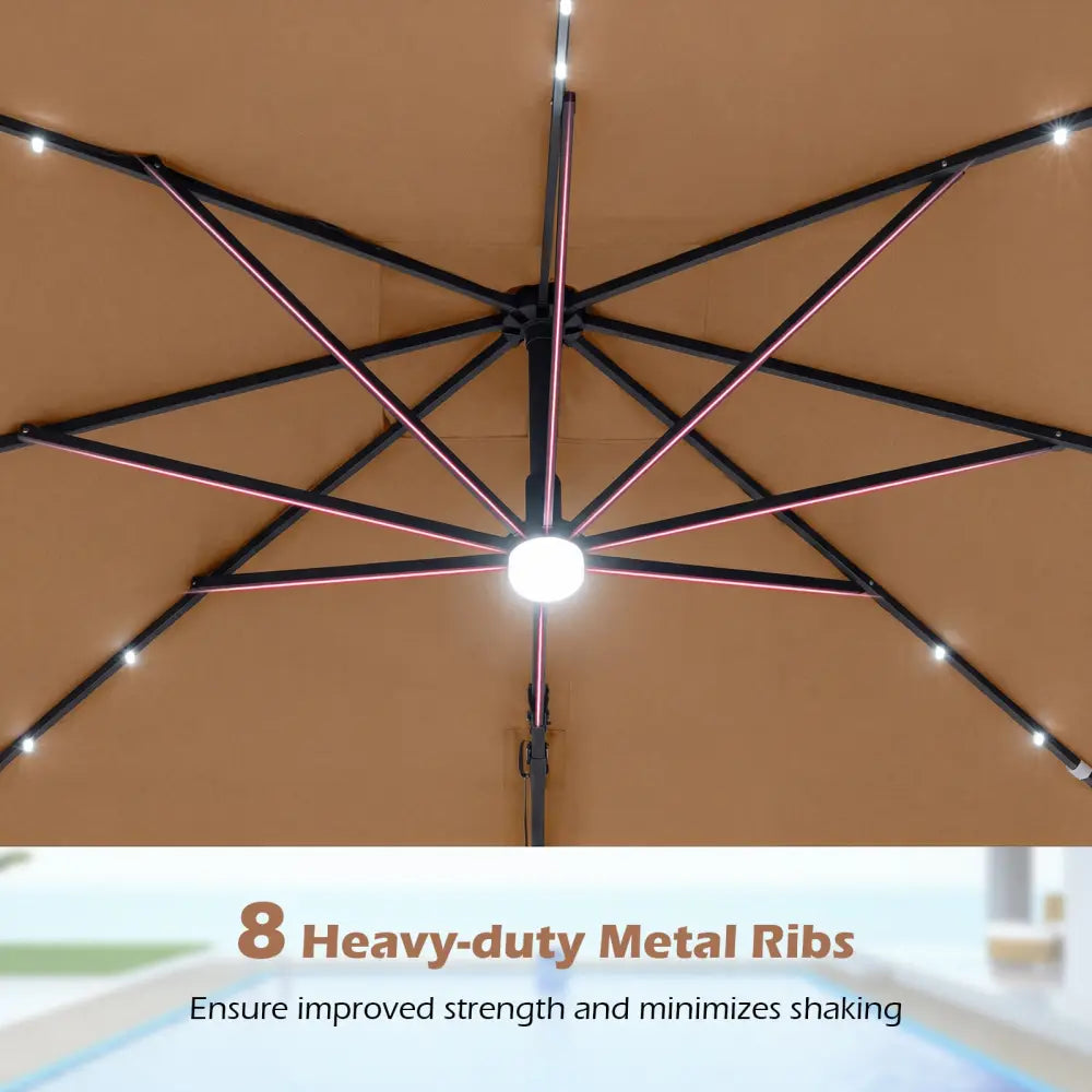 10 FT Cantilever Patio Umbrella with Solar LED Lights for Pool and Garden-Brown - Brown - Outdoor Umbrellas