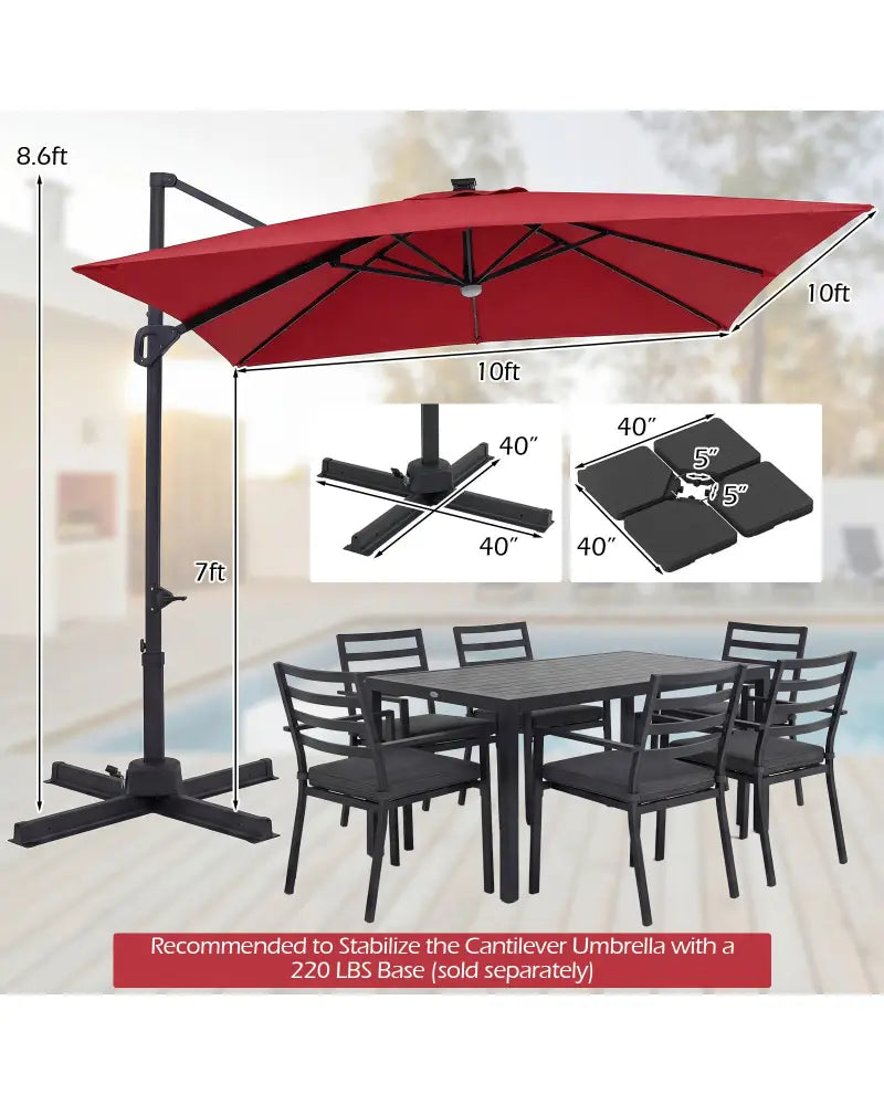 10 FT Cantilever Patio Umbrella with Solar LED Lights for Pool and Garden-Red - Red - Outdoor Umbrellas