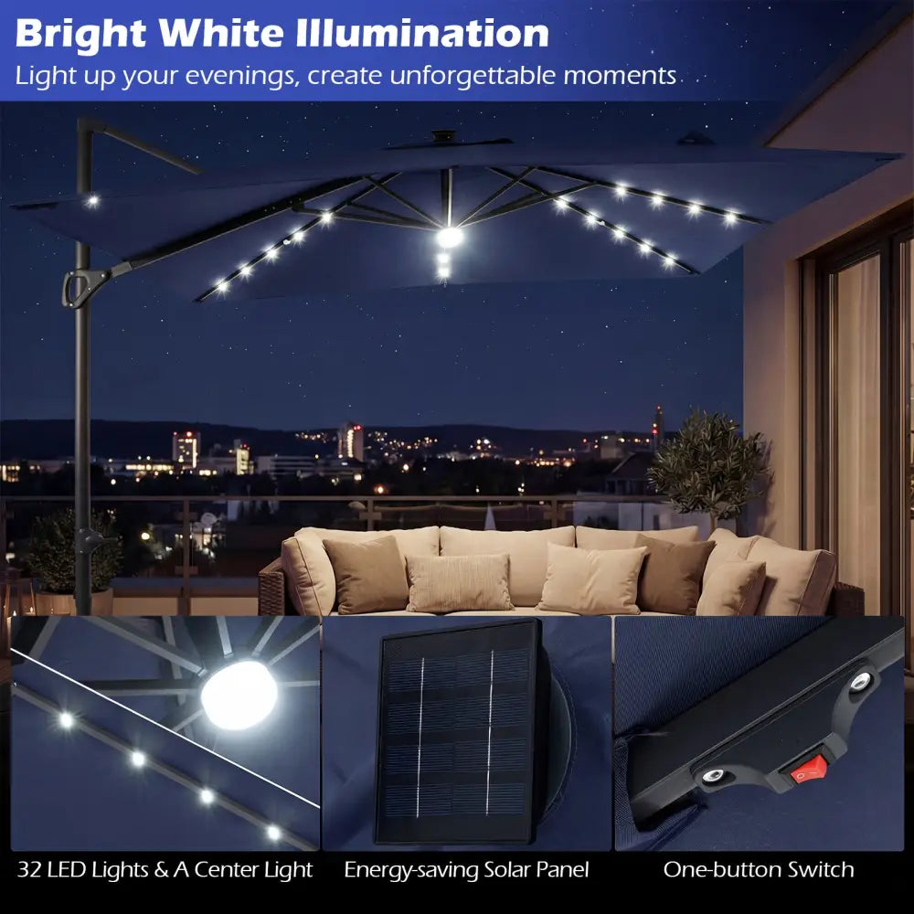 10 FT Cantilever Patio Umbrella with Solar LED Lights for Pool and Garden-Blue - Blue - Outdoor Umbrellas