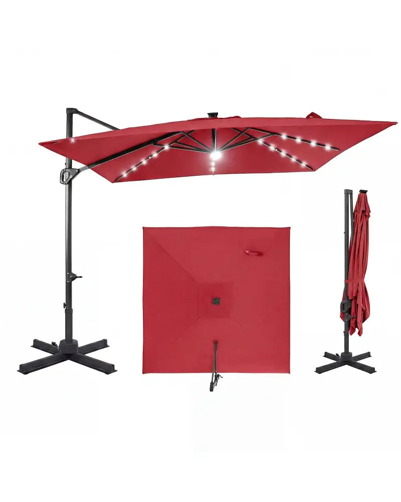 10 FT Cantilever Patio Umbrella with Solar LED Lights for Pool and Garden-Red - Red - Outdoor Umbrellas