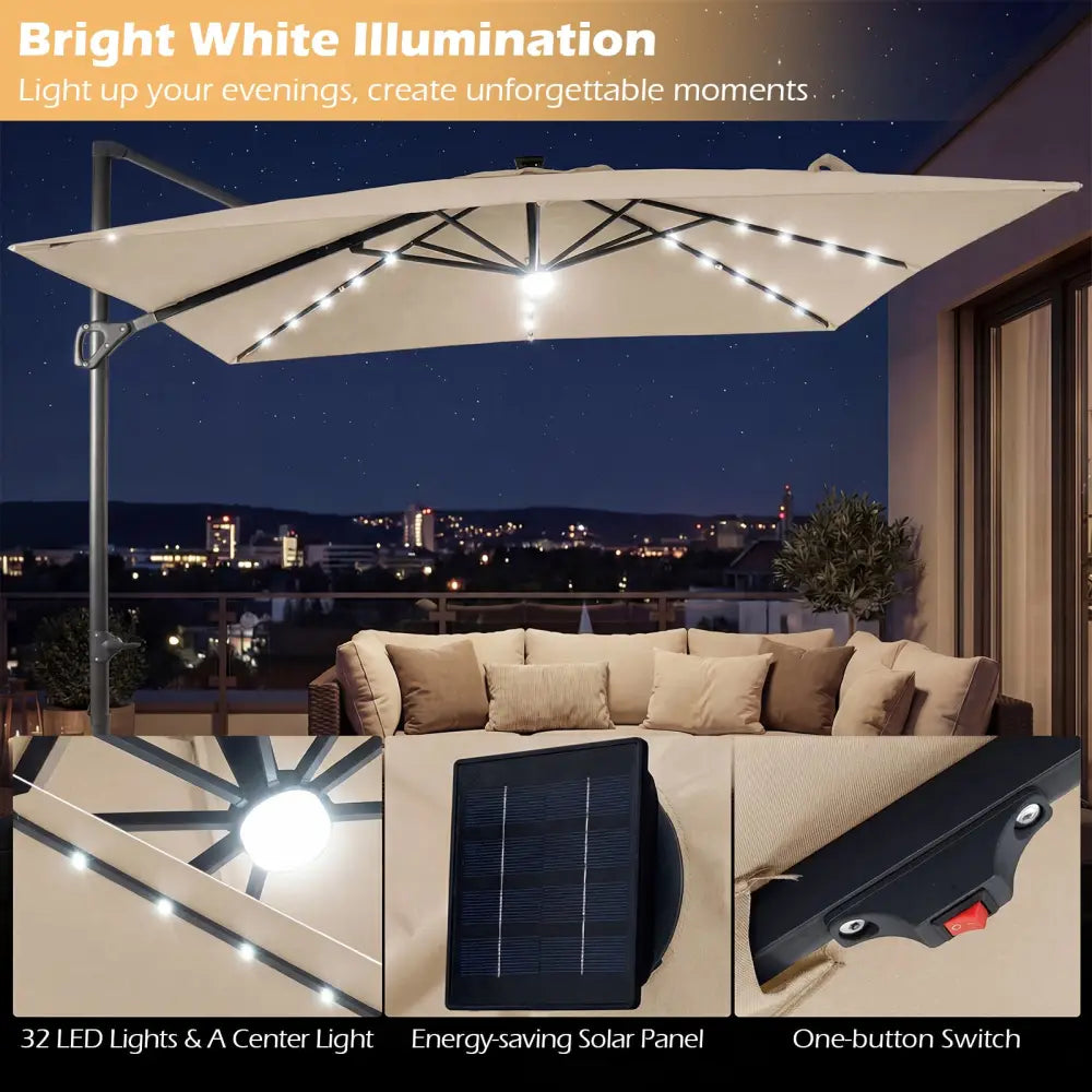 10 FT Cantilever Patio Umbrella with Solar LED Lights for Pool and Garden-Beige - Beige - Outdoor Umbrellas