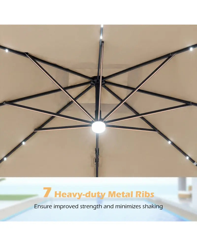 10 FT Cantilever Patio Umbrella with Solar LED Lights for Pool and Garden-Beige - Beige - Outdoor Umbrellas