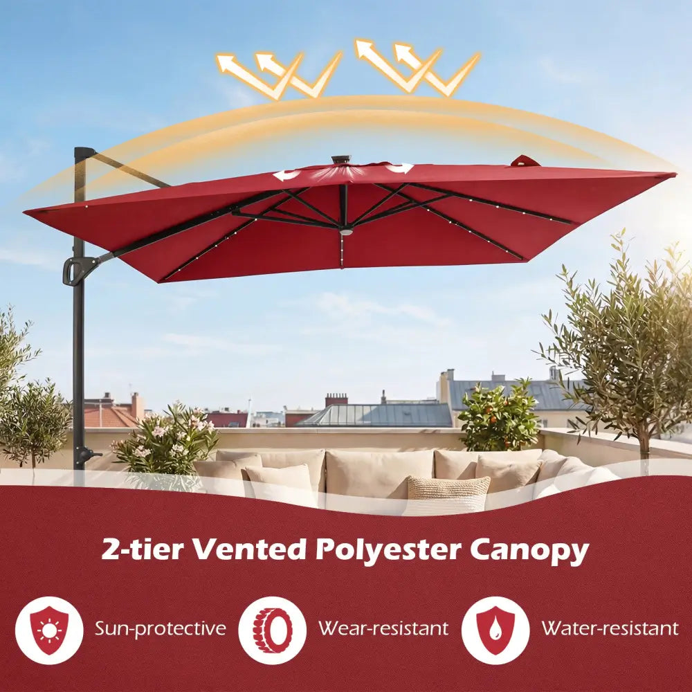 10 FT Cantilever Patio Umbrella with Solar LED Lights for Pool and Garden-Red - Red - Outdoor Umbrellas