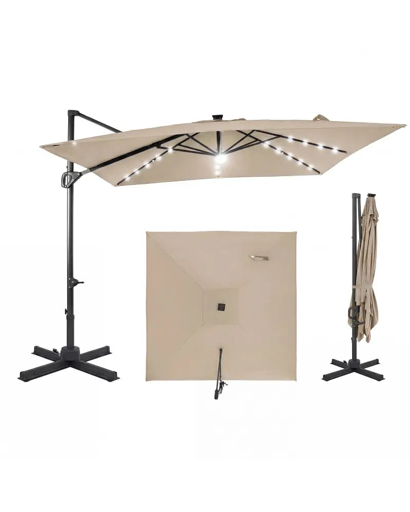 10 FT Cantilever Patio Umbrella with Solar LED Lights for Pool and Garden-Beige - Beige - Outdoor Umbrellas