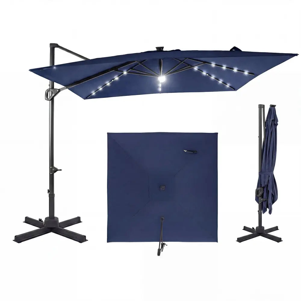 10 FT Cantilever Patio Umbrella with Solar LED Lights for Pool and Garden-Blue - Blue - Outdoor Umbrellas